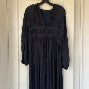 Navy silky midi maxi dress with allover pleats and balloon sleeves